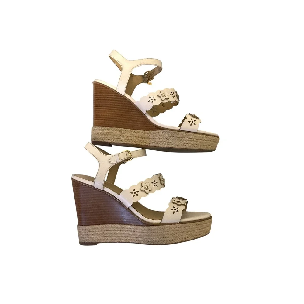 Coach Womens Chalk Leather Scalloped Floral Espadrille Wedge Sandals Size 9 B
